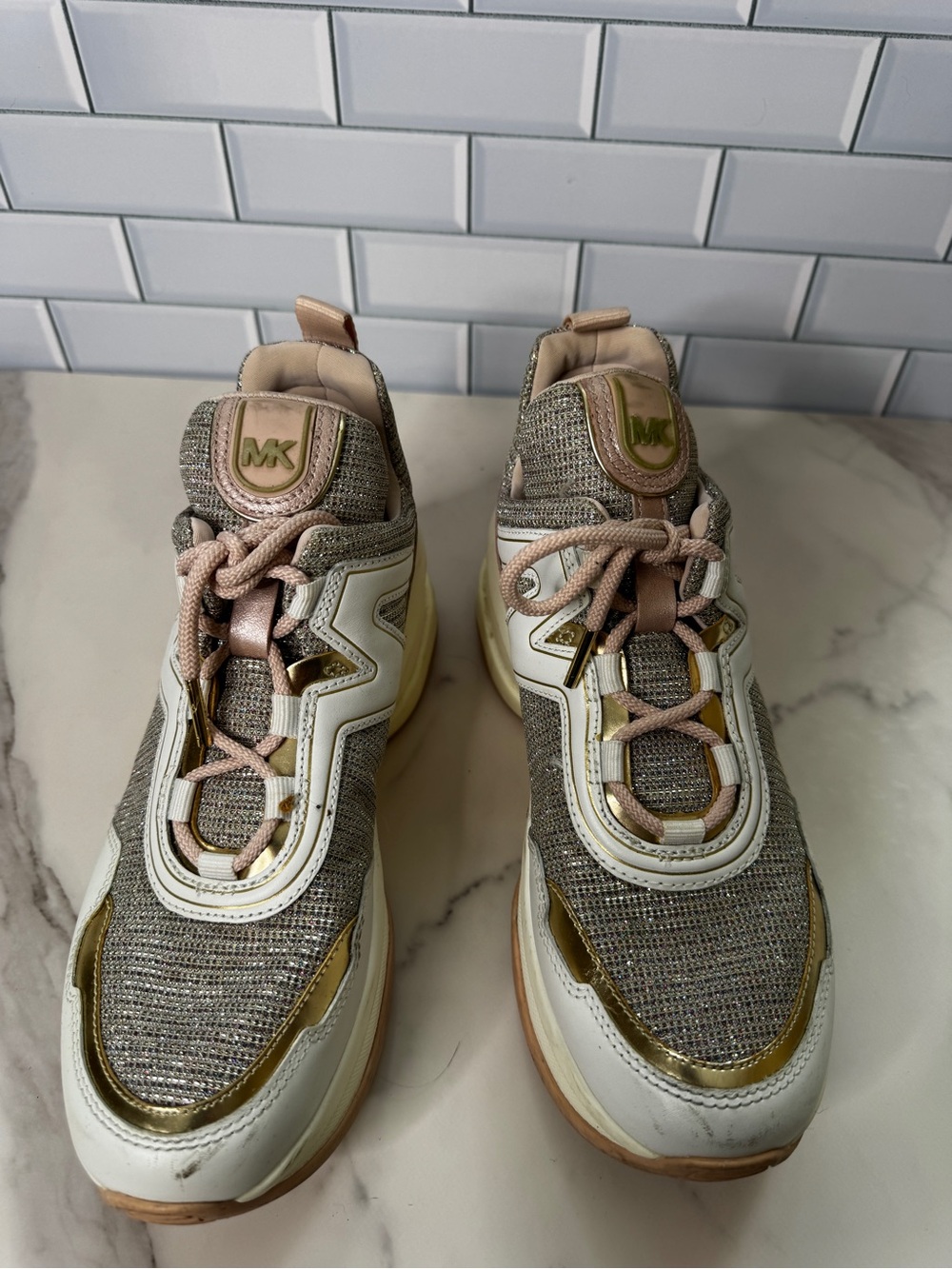 Michael Kors Olympia Glitter Mesh Sneakers Women’s 8.5M White Gold Pink Chunky - Picture 2 of 8